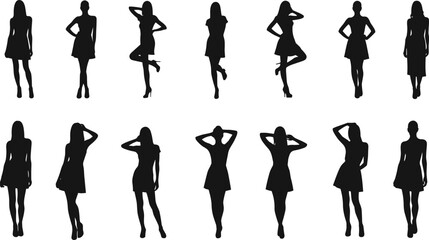 Female fashion silhouette poses, elegant dress and high heel vector, black figure art for modeling, posture reference, design sketch
