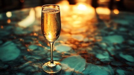 Elegant champagne flute on abstract surface illuminated by soft golden light