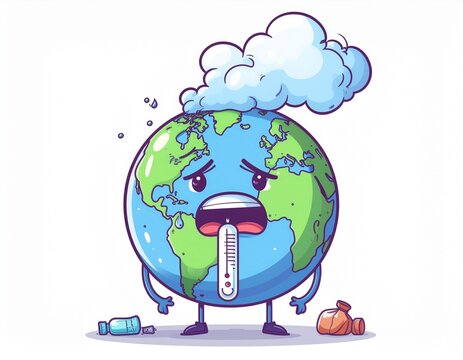 Illustration doodle style: earth crying with thermometer in mouth, smoke, plastic waste