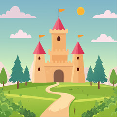 Jolie illustration d'un ch&acirc;teau fort m&eacute;di&eacute;val, nature, soleil