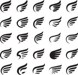 Collection of Feathered Wings Shapes Black Silhouettes Simple Winged Icons Set