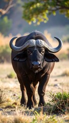 Obraz premium Close-up of a large black buffalo in grassland