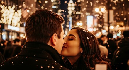 A couple kissing in a crowd of people with confetti falling down at night in a city area