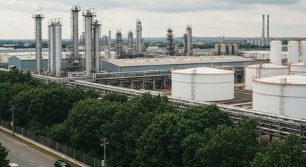 Obraz premium Industrial complex with tanks, towers, greenery, and an overcast sky