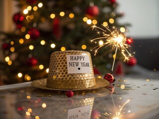 Sparkling gold party hat with happy new year message sits on a reflective surface near a festive christmas tree with bokeh lights