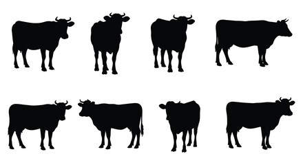 A collection of black silhouettes depicting several cows standing together