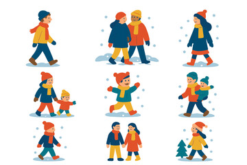 Fototapeta premium Winter fun silhouette icon set. featuring walking, talking, playing, and family activities
