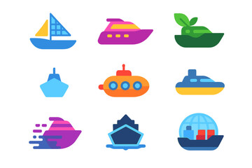 Nautical themed flat icon set. featuring sailboat, yacht, canoe, submarine, cargo ship, and ferry symbols