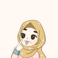 Modern Muslim woman in hijab headscarf. hijab teenager shows thump up sign , muslim girl stick out a tongue. muslim girl in hijab show playful facial expression.  