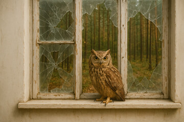 An owl on the windowsill of an old broken window.