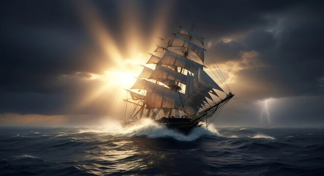 Fototapeta Historical sailing ship navigating a stormy sea with sun rays and lightning. Vintage tall ship sailing through rough ocean waves.