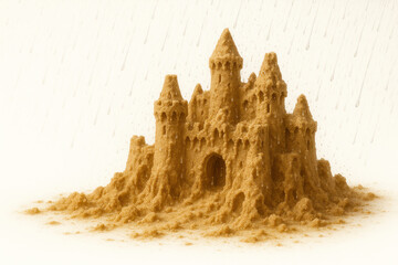 A sand castle crumbling in the rain. Space for text.