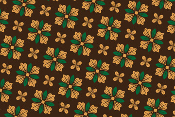 Dark brown background with gold and green floral patterns