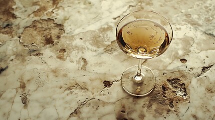 Champagne glass with edible gold flakes on weathered marble surface presents elegance