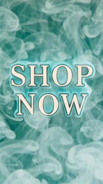 Digital graphic with smoky blue background featuring text that reads 'Shop Now'