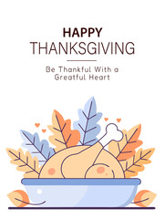Happy Thanksgiving greeting card illustration with roasted turkey, autumn leaves, and festive design. Holiday celebration, banner, or poster