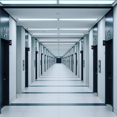  A Series of Identical Modern Conference Room Doors Down a Corridor