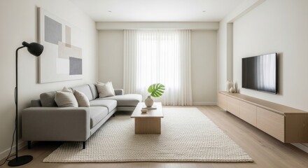 Fototapeta premium Modern living space with a gray sectional sofa, textured rug, and minimalist coffee table in a bright room with white walls, a large window with sheer curtains, and a wooden entertainment unit...