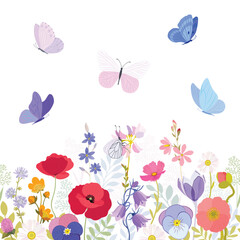 Summer meadow pattern. Poppy flowers. Pink, red, blue, green colors. Flower illustrations, summer field, butterflies. Herbal decoration, romantic wildflowers, kitchen towel, tablecloth, dress for girl