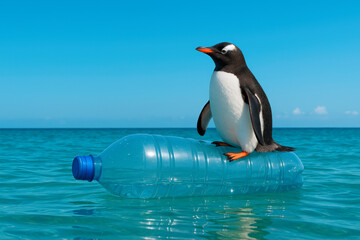 Obraz premium Penguin sitting on a plastic bottle in the sea. Space for text.