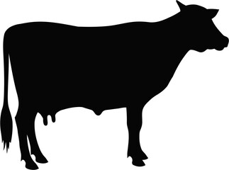 Standing cow in profile view, isolated black silhouette. Bold clean minimalist design for agricultural branding, farm marketing, livestock industry and food-related projects.
