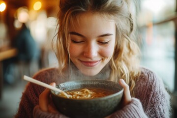 Smiling girl eating hot ramen noodles
