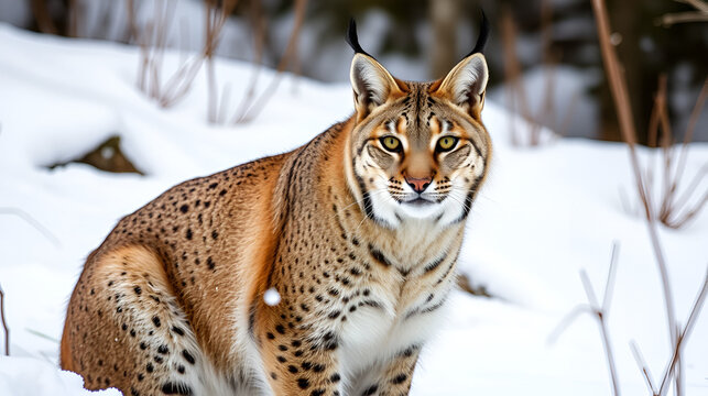 Bobcat in winter snow, natural habitat, and front-facing portrait - Powered by Adobe
