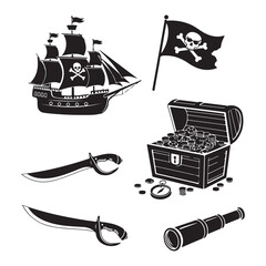 Pirate Equipment Concept Black Silhouette Vector Illustration.