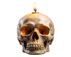 Obraz premium A realistic human skull with a lit candle burning on top isolated on transparent background