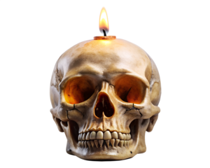 A realistic human skull with a lit candle burning on top isolated on transparent background