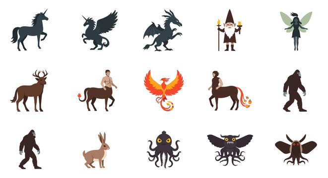Collection of Mythical Creatures and Cryptids in Silhouette Style.