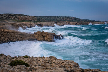 rough waves and storm at Cape Greco on Cyprus