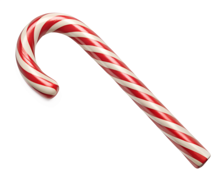 Classic red and white striped candy cane with a curved hook shape isolated on transparent background