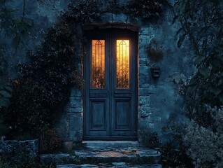 Fototapeta premium Enigmatic doorway bathed in soft golden glow amidst a weathered stone facade