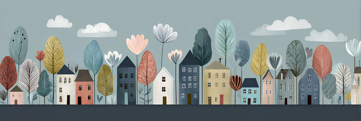 Hand-Drawn Gentle Townscape Full of Flowers