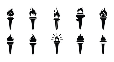 Collection of black silhouette torch icons demonstrating varying flame designs © Ziaul_Studio