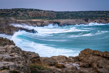 rough waves and storm at Cape Greco on Cyprus