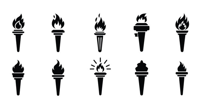 Collection of black silhouette torch icons demonstrating varying flame designs