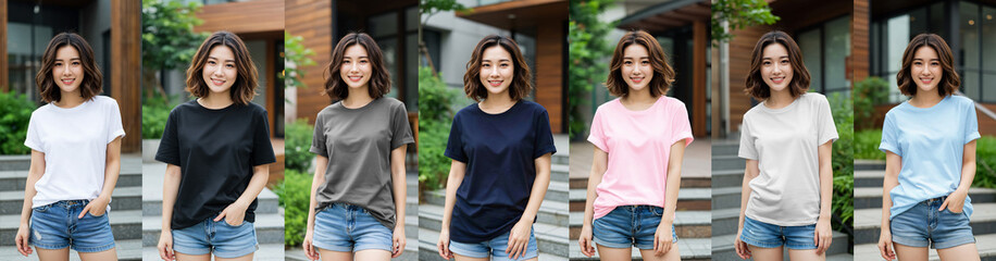 Asian Female Model T-shirt Mockup Color Collection front Side View
