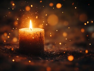 Glowing warmth: A single candle flame radiates in the darkness with bokeh sparks