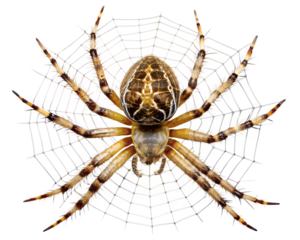 Close up macro photograph of a large orb weaver spider resting on its intricate web isolated on transparent background