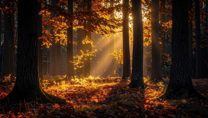 Obraz premium Golden Forest Sunlight Streaming Through Trees Illuminating Autumn Leaves on Ground in Woodland Landscape Early Morning Sun Rays in Dark Forest