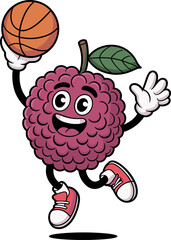 Exciting Animated Cartoon Lychee Fruit Character Playing Basketball and Dribbling with Enthusiasm and Joyful Expression in a Dynamic Pose Representing Healthy Lifestyle and Fitness Fun