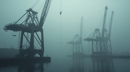 Foggy Harbor Cranes: Silhouettes of Maritime Industry in Twilight Mist for Efficient Shipping and Transport Technology