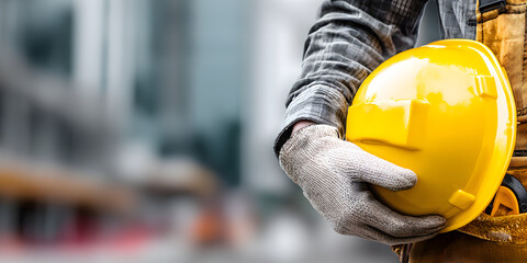 Construction Worker: Close-up shot of a construction worker holding a bright yellow safety helmet, hinting at the dedication and safety focus in construction industry.