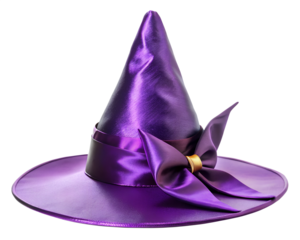 Sparkling purple witch hat with bow and gold accent isolated on transparent background