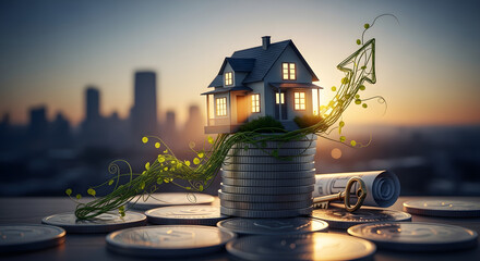 A model house on a rising stack of coins with a green vine arrow growing upwards against a city sunset, symbolizing green investment.
