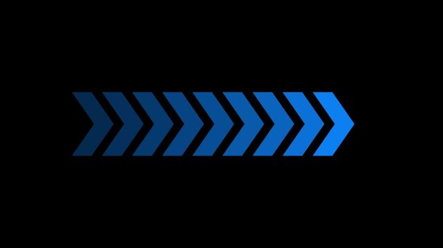 Dynamic Blue Chevron Arrow Sequence Progress Bar Animation on Black Background Futuristic Digital Motion Graphic