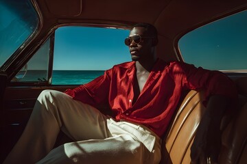 In a vintage car by the ocean, a dark-skinned male model sits on a leather seat, wearing an open red shirt and cream pants, through the window you can see the clear sea, a retro luxury atmosphere