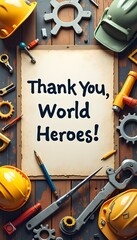 The poster's background is filled with symbols of work with hard hats, stationery, machine gears with a strong slogan: 'Thank You, World Heroes!'